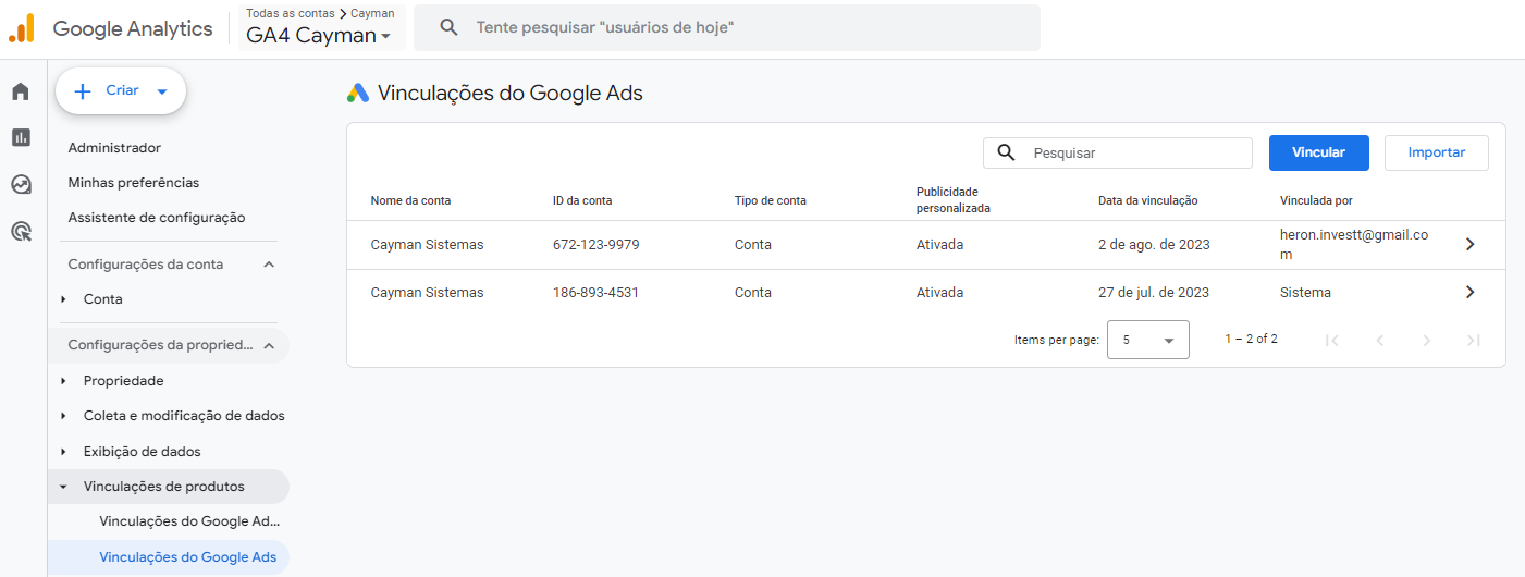 Vinculações do Google Ads GA4